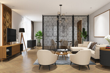 3d render of interior scandinavian living and dining room mock up with cnc  screen and hanging lamp. Light gray wall, wood parquet and white ceiling. Set 2 © asesidea