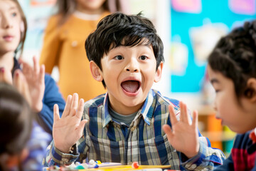 Happy child expressing excitement in a lively classroom environment, engaged in an activity with classmates.