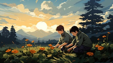 Children planting a tree in a community garden, their faces lit up with joy and excitement, promoting environmental consciousness and family togetherness. Painting Illustration style, Minimal and