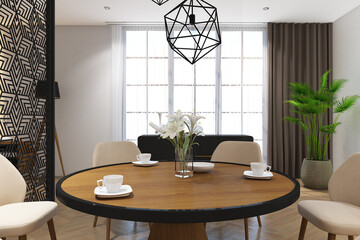 3d render of interior scandinavian living and dining room mock up with cnc  screen and hanging lamp. Light gray wall, wood parquet and white ceiling. Set 9
