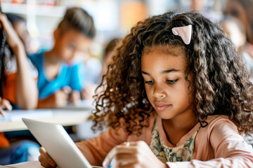 Focused young girl using a tablet during a classroom activity, surrounded by classmates.