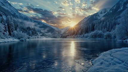 A serene lake surrounded by snow-covered mountains and trees The sky is a mix of blue - Powered by Adobe