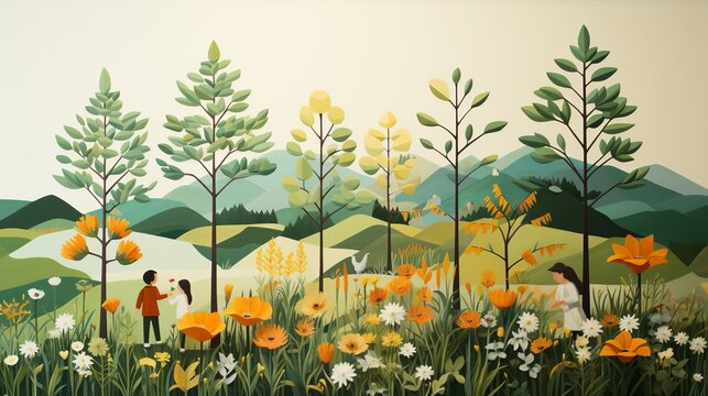 Children planting a tree in a community garden, their faces lit up with joy and excitement, promoting environmental consciousness and family togetherness. Painting Illustration style, Minimal and