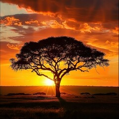 Views of African trees with sunset, silhouette trees with sunset