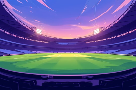stadium in a colossal scale, in flat style of vector illustration, wide scale, green grass field, and lights shining