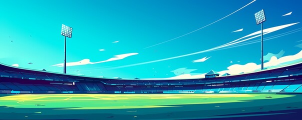 stadium in a colossal scale, in flat style of vector illustration, wide scale, green grass field, and lights shining