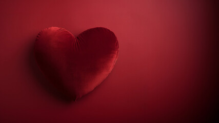 Valentine day red velvet heart, Flatlay style background with minimalistic design. Template for banner or party invitation with copy space. Generative AI