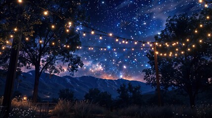 A starry night sky with string lights illuminating the scene