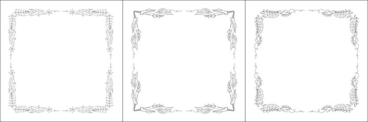 Set of three vegetal vector frames with tropical leaves. Black and white. Vector frame for all sizes and formats. Isolated vector illustration.	
