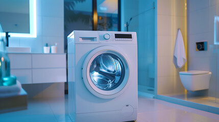 A modern and minimalist style washing machine with light-colored walls, windows, and plants on shelves. Bathroom boxes are next to it, with paper towel and toilet seats bags inside.