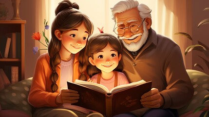 Grandparents reading a storybook to their grandchildren in a cozy living room, creating cherished memories and strengthening family bonds. Painting Illustration style, Minimal and Simple,