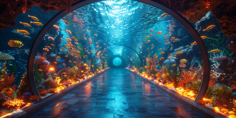 a digital aquarium experience where families and children stand and look out into the deep ocean floor,generative ai