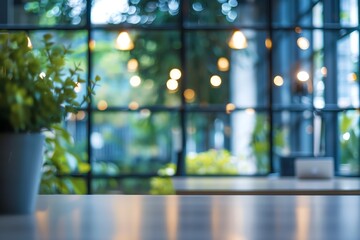 Blurred office interior background with a blurred desk and window light bokeh, a working space in the style of a modern business center for presentation or meeting.