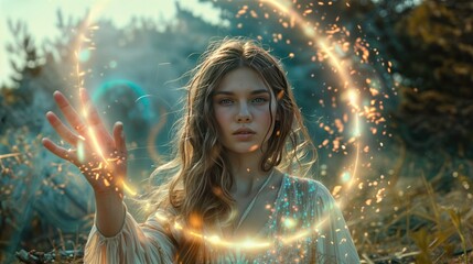 Naklejka premium A woman with long hair and a white shirt stands in a field she has her hand out