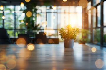 Blurred office interior background with a blurred desk and window light bokeh, a working space in the style of a modern business center for presentation or meeting.