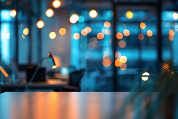 Blurred office interior background with a blurred desk and window light bokeh, a working space in the style of a modern business center for presentation or meeting.