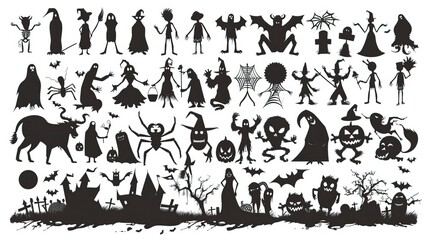 Big Set of halloween silhouettes black icon and character. Vector illustration. Isolated on white background