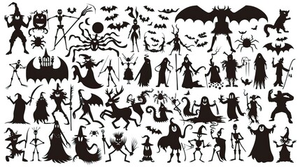 Big Set of halloween silhouettes black icon and character. Vector illustration. Isolated on white background