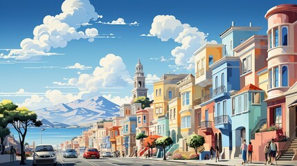 A family exploring a vibrant city during a vacation, visiting landmarks and enjoying street food, capturing the excitement of travel and discovery. Painting Illustration style, Minimal and Simple,