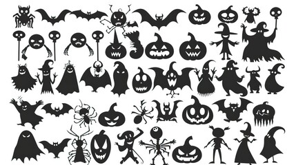 Big Set of halloween silhouettes black icon and character. Vector illustration. Isolated on white background