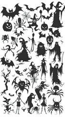 Big Set of halloween silhouettes black icon and character. Vector illustration. Isolated on white background