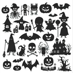 Big Set of halloween silhouettes black icon and character. Vector illustration. Isolated on white background