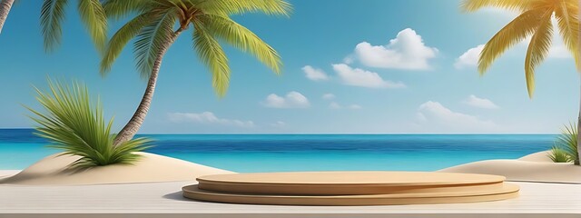 "Beach Podium Summer Background with Sand and 3D Sea Display Platform. Summer Banner Stand Scene with Sale, Sky, Holiday Vacation Stage, Water, Island, Sun, Travel Pedestal, Promotion Presentation Ad.