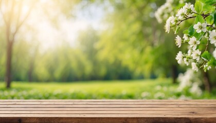 Wooden plank, tabletop, white flowers, blurred green landscape background.