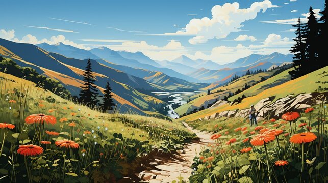 A family riding bicycles along a scenic mountain trail, experiencing the thrill of adventure and the beauty of nature together. Painting Illustration style, Minimal and Simple,