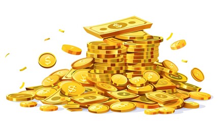 Big pile of cash money and some gold coins illustration on white background