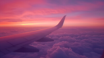 Adventure, travel, transport concept. View from plane window at sky with clouds and wing,Golden sunset sky with fluffy ornamental cumulus clouds, View of the wing of an airplane at sunset
