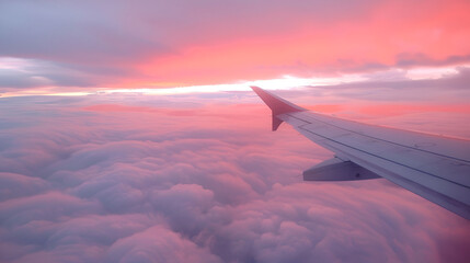 Obraz premium Adventure, travel, transport concept. View from plane window at sky with clouds and wing,Golden sunset sky with fluffy ornamental cumulus clouds, View of the wing of an airplane at sunset