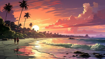 Friends enjoying a beach volleyball game at sunset, their energy and enthusiasm highlighting the fun of leisure activities by the sea. Painting Illustration style, Minimal and Simple,