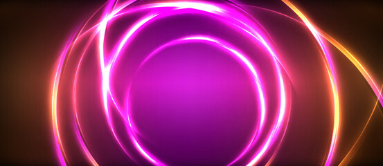 Neon glowing circle rays, light round lines in the dark, planet style neon wave lines. Energetic electric concept design for wallpaper, banner, background