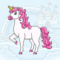 Cute unicorn. Magic fairy horse. Landscape with a beautiful castle. Cartoon character. Colorful vector illustration. Isolated on color background. Design element.