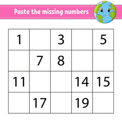 Paste the missing numbers 1-20. Game for children. Handwriting practice. Learning numbers for kids. Education developing worksheet. Activity page. Vector illustration.