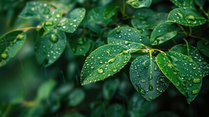 Close up of tree with wet green leaves