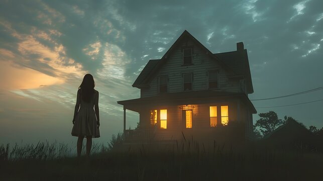 girl standing in front of a house at night