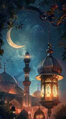 Obraz premium Enchanting Nighttime Lantern and Mosque Scene
