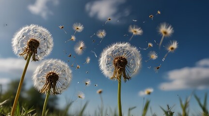 Dandelion flower with seeds flying away by wind at blue sky.generative.ai 