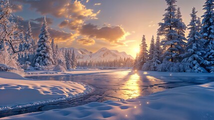 serene winter scene with a frozen river running through a snowy forest - Powered by Adobe