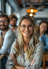 Obraz premium portrait of a young businesswoman smiling with her colleagues in the background