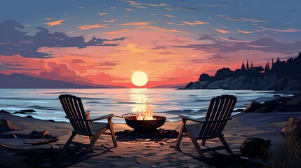 Friends having a bonfire on the beach, with music, dancing, and the sound of waves in the background, embodying the spirit of leisure and friendship. Painting Illustration style, Minimal and Simple,
