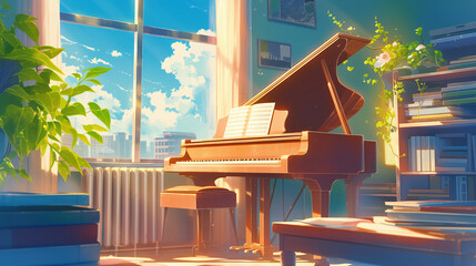 Naklejka premium A room with a piano. Anime style illustration