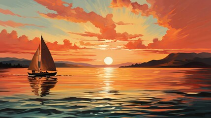 A couple enjoying a sunset cruise, with the sky ablaze in orange and pink hues, symbolizing love and the serenity of sea travel. Painting Illustration style, Minimal and Simple,