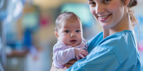 Midwife Holding Newborn Baby - Nurses Day, World Health Protection, 4K Wallpaper. A compassionate midwife cradles a newborn baby, symbolizing the dedication and care provided by healthcare professiona - Powered by Adobe