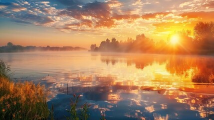 Naklejka premium Sunrise casting its beauty over river with reflection on the water