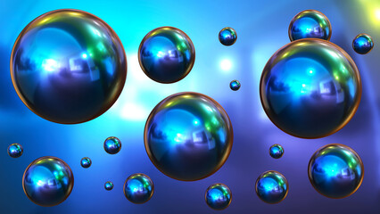 Shiny colored balls abstract background, 3d purple blue metallic glossy spheres wallpaper.