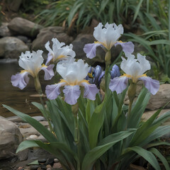 Fototapeta premium a many purple and white flowers growing near a stream