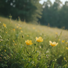 Fototapeta premium a yellow flowers in the middle of a field of grass